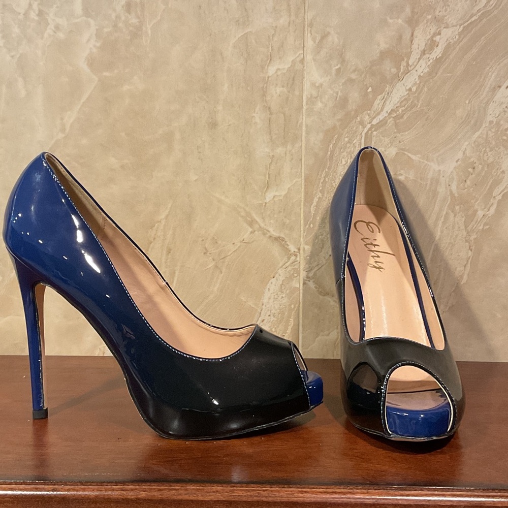 Elegant Black and Blue Peep-Toe Heels NEW, Size 8